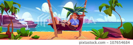 Man relax in hammock on beach vacation vector 107654684