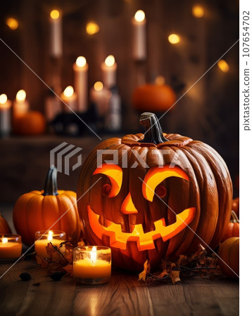 Sinister pumpkin as Halloween symbols tabletop home holiday decor. AI 107654702