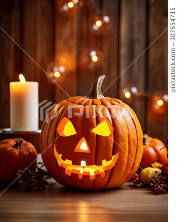 Sinister pumpkin as Halloween symbols tabletop home holiday decor. AI Sinister pumpkin as Halloween symbols tabletop home holiday decor. AI 107654715