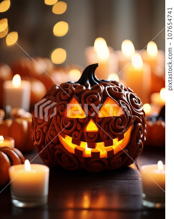 Sinister pumpkin as Halloween symbols tabletop home holiday decor. AI 107654741