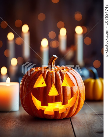 Sinister pumpkin as Halloween symbols tabletop home holiday decor. AI Sinister pumpkin as Halloween symbols tabletop home holiday decor. AI 107654748