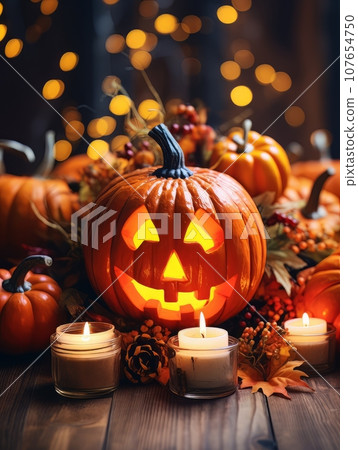 Sinister pumpkin as Halloween symbols tabletop home holiday decor. AI 107654750