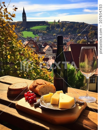 Cheese board and white wine against the backdrop of village. AI 107654783
