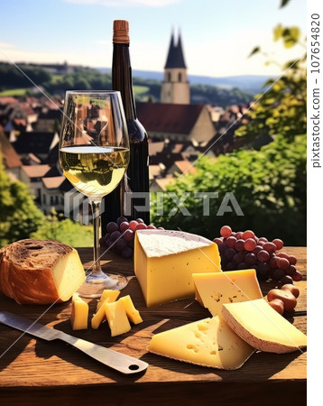 Cheese board and white wine against the backdrop of village. AI 107654820