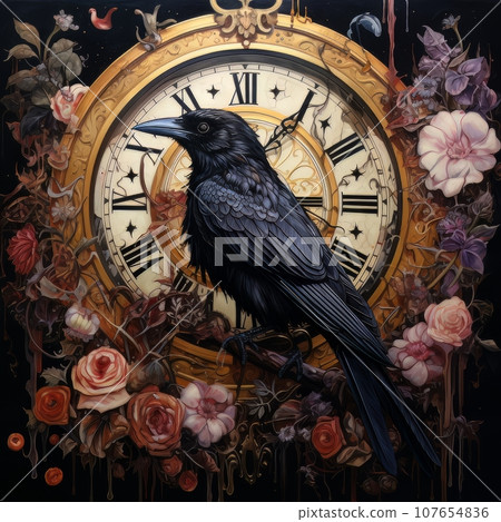 Wall clock with a crow and flowers. AI Wall clock with a crow and flowers. AI 107654836