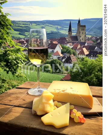 Cheese board and white wine against the backdrop of village. AI 107654844