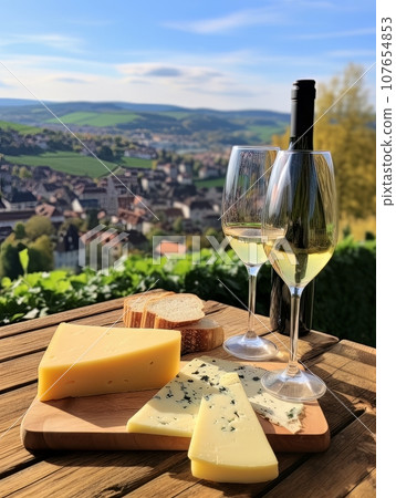 Cheese board and white wine against the backdrop of village. AI 107654853