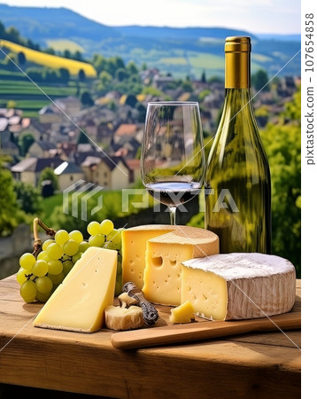 Cheese board and white wine against the backdrop of village. AI 107654858