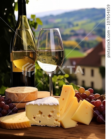 Cheese board and white wine against the backdrop of village. AI 107654859