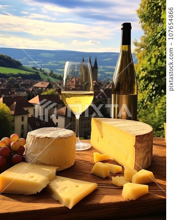 Varied Cheese board and white wine against the backdrop of village. AI 107654866