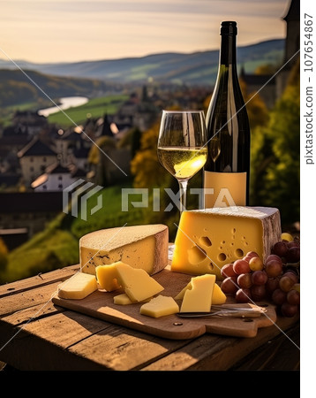 Varied Cheese board and white wine against the backdrop of village. AI 107654867