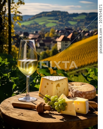 Varied Cheese board and white wine against the backdrop of village. AI 107654871