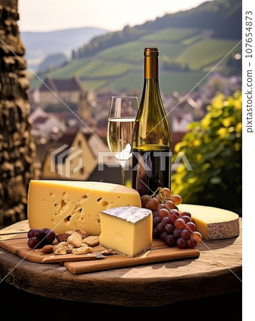 Varied Cheese board and white wine against the backdrop of village. AI 107654873