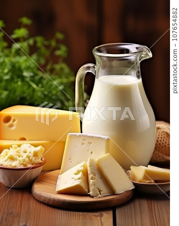 Table with board of different types of cheeses and milk on farmhouse table. AI Table with board of different types of cheeses and milk on farmhouse table. AI 107654882