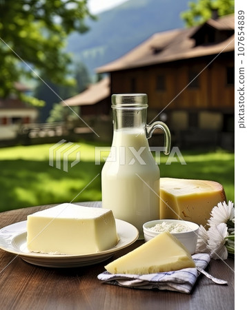 Table with board of different types of cheeses and milk on farmhouse table. AI Table with board of different types of cheeses and milk on farmhouse table. AI 107654889