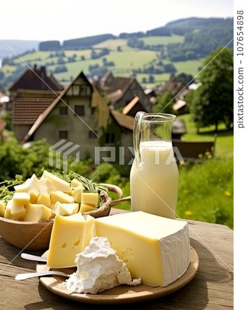 Table with board of different types of cheeses and milk on farmhouse table. AI Table with board of different types of cheeses and milk on farmhouse table. AI 107654898