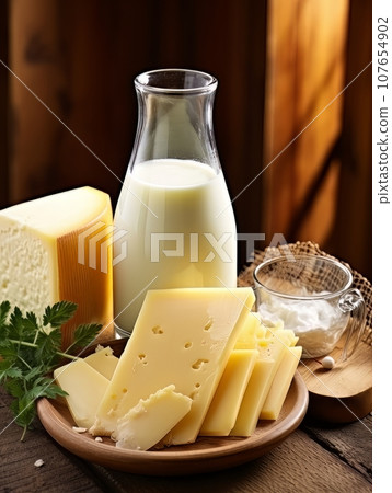 Table with board of different types of cheeses and milk on farmhouse table. AI Table with board of different types of cheeses and milk on farmhouse table. AI 107654902