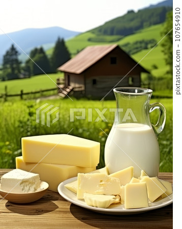 Table with board of different types of cheeses and milk on farmhouse table. AI 107654910