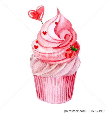 Watercolor drawing, cute cupcake with pink cream and heart. illustration for valentine's day. Watercolor drawing, cute cupcake with pink cream and heart. illustration for valentine's day. 107654916
