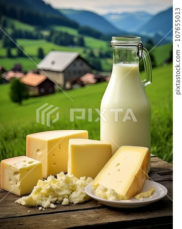 Table with board of different types of cheeses and milk on farmhouse table. AI Table with board of different types of cheeses and milk on farmhouse table. AI 107655013