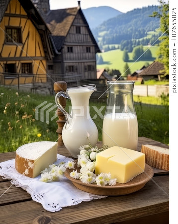 Table with board of different types of cheeses and milk on farmhouse table. AI 107655025
