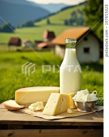 Table with board of different types of cheeses and milk on farmhouse table. AI 107655028