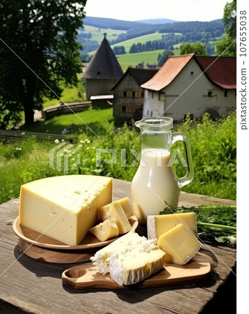 Table with board of different types of cheeses and milk on farmhouse table. AI 107655038
