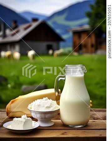 Table with board of different types of cheeses and milk on farmhouse table. AI Table with board of different types of cheeses and milk on farmhouse table. AI 107655051