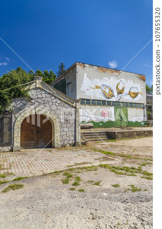 Traditional wine cellars (Gombos-hegyi pincesor) in Hercegkut, UNESCO site, Great Plain, North Hungary 107655320