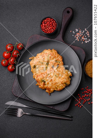 Delicious fried chicken chop or pork meat fried breaded with salt, spices and herbs 107655422