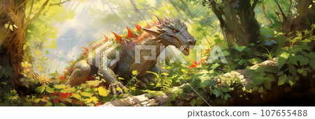 In an enchanted forest mischievous endearing dragon . Its colorful scales shimmer in the dappled sunlight. In an enchanted forest mischievous endearing dragon . Its colorful scales shimmer in the dappled sunlight. 107655488