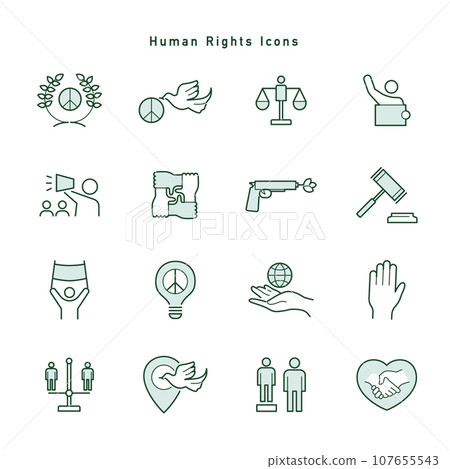 Set of icons related to human rights, peace and conflict resolution Set of icons related to human rights, peace and conflict resolution 107655543