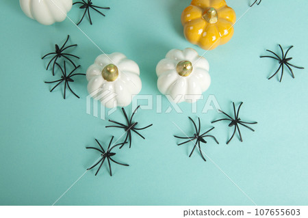 set of Small ceramic pumpkins in different colors among an invasion of spiders 107655603