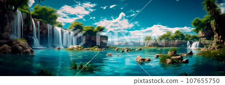hidden island with a towering waterfall that flows into a crystal-clear lagoon. 107655750