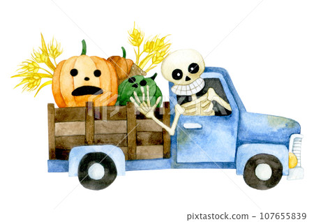 watercolor cute drawing for halloween. a smiling skeleton rides in a pumpkin truck. watercolor cute drawing for halloween. a smiling skeleton rides in a pumpkin truck. 107655839
