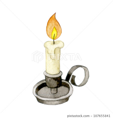 watercolor drawing. burning candle in a vintage candlestick. retro style, fairy tale illustration watercolor drawing. burning candle in a vintage candlestick. retro style, fairy tale illustration 107655841