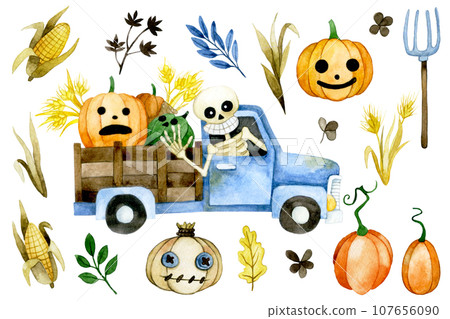 watercolor drawing. set of cute characters and elements for halloween. 107656090