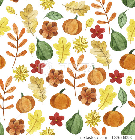 watercolor seamless pattern with autumn leaves, pumpkins and flowers 107656098