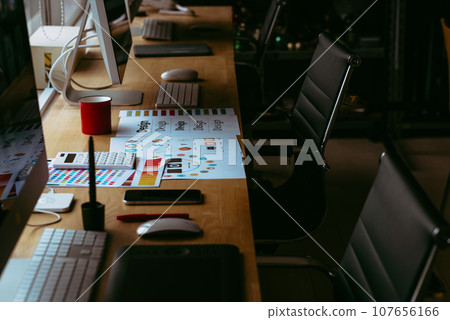 Realistic design office desks and PCs Realistic design office desks and PCs 107656166