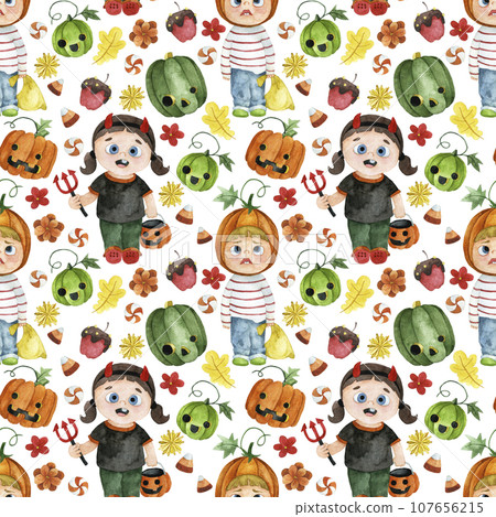 watercolor drawing, halloween seamless pattern. print with cute kids in halloween costumes. 107656215