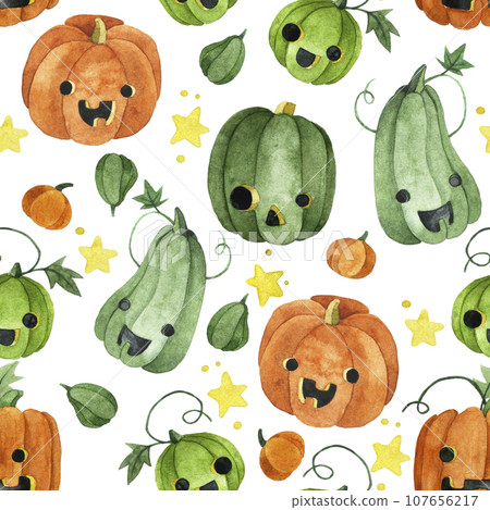 watercolor seamless pattern with halloween pumpkins. cute pumpkin characters, funny faces watercolor seamless pattern with halloween pumpkins. cute pumpkin characters, funny faces 107656217