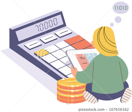 Calculation, bookkeeping investment money concept. Woman with calculator counting, thinking about profit. Economic audit, financial analysis, tax accounting, bill payment. Personal budget analysis 107656382