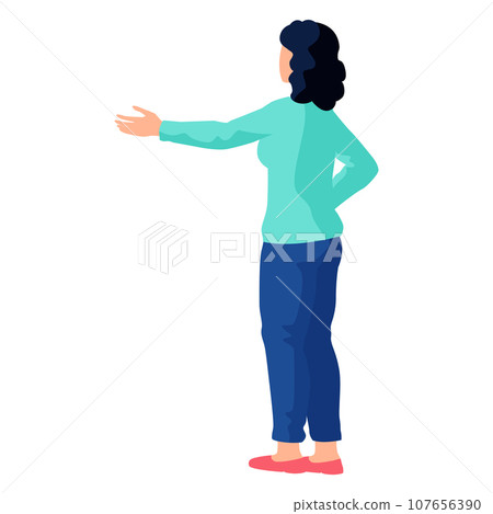 Young woman stands, makes gesture by hand and shows something back view isolated on white. Girl pointing somewhere, female character stretched out her hand, talking, communicates emotionally Young woman stands, makes gesture by hand and shows something back view isolated on white. Girl pointing somewhere, female character stretched out her hand, talking, communicates emotionally 107656390
