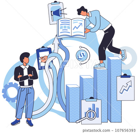 Team solving complex problems. Teamwork vector illustration metaphor. Miniature scene of workers trying to solve problem Teamwork solve problem, strategy plan to work together for success concept 107656393
