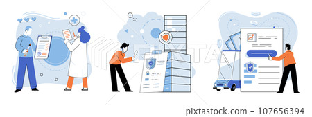 Insurance for car, property, travel, accident, life, medical. Insurance concept is adapting changing societal needs Covers home insurance safeguard ones largest investment Care about family life 107656394