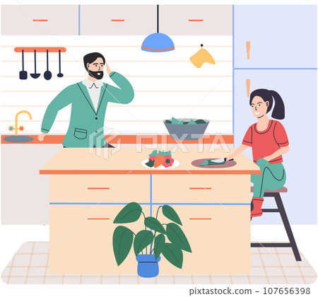 People cooking vegetarian food. Vector illustration. Smiling people cooking on home interior kitchen table. Characters cooking fresh salad and other healthy meals from fresh vegetables People cooking vegetarian food. Vector illustration. Smiling people cooking on home interior kitchen table. Characters cooking fresh salad and other healthy meals from fresh vegetables 107656398