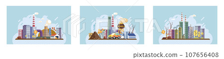 Industrial pollution. Dirty waste. Environmental pollution. Vector illustration. Smokes with smog are daily sight in many industrialized cities Trash emission strategies must include community 107656408