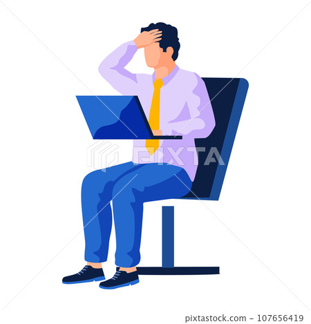 Frustrated man unhappy sit in front of laptop squeezing head with hands. Emotions and body language concept. Stress, tension and migraine. Businessman shocked by bad news using computer at work Frustrated man unhappy sit in front of laptop squeezing head with hands. Emotions and body language concept. Stress, tension and migraine. Businessman shocked by bad news using computer at work 107656419