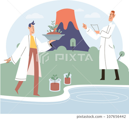 Scientists conducts research to study nature and living organisms. Idea of education, botany, microbiology. Biologists study structure of plants, conduct experiments with water. Biological research 107656442