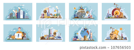 Industrial pollution. Dirty waste. Environmental pollution. Vector illustration. Factory emitting smoke has become symbol environmental neglect Toxic waste chemicals are not being managed properly Industrial pollution. Dirty waste. Environmental pollution. Vector illustration. Factory emitting smoke has become symbol environmental neglect Toxic waste chemicals are not being managed properly 107656503